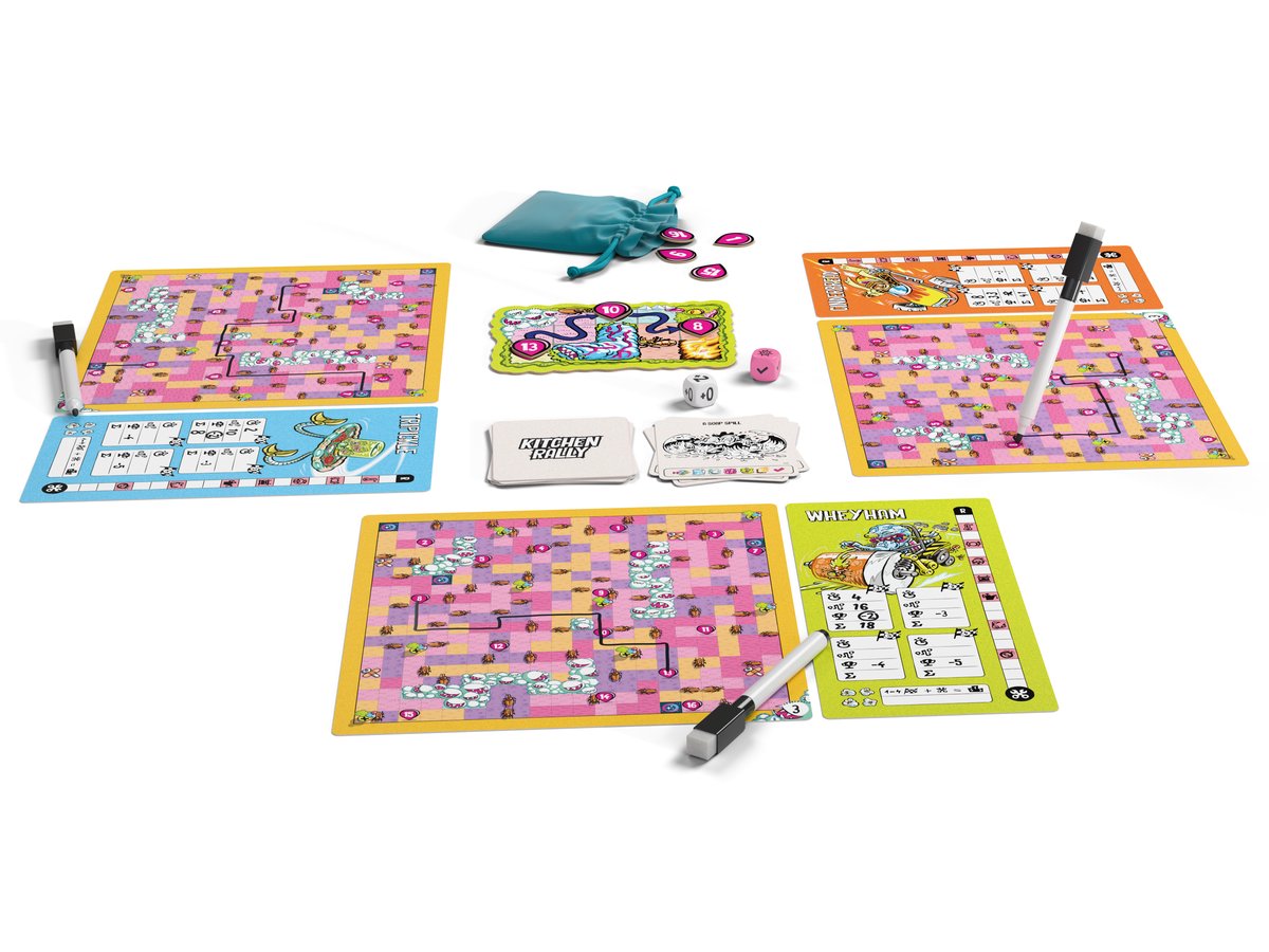 Everything in the Kitchen Rally box laid out: maps, character boards, markers, tokens and dice