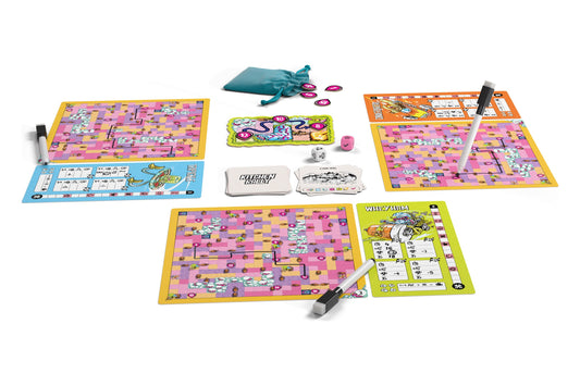Kitchen Rally ready to race: map boards, champion boards, erasable markers and the cloth bag
