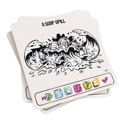Kitchen Rally event cards with A Soap Spill on top of the deck